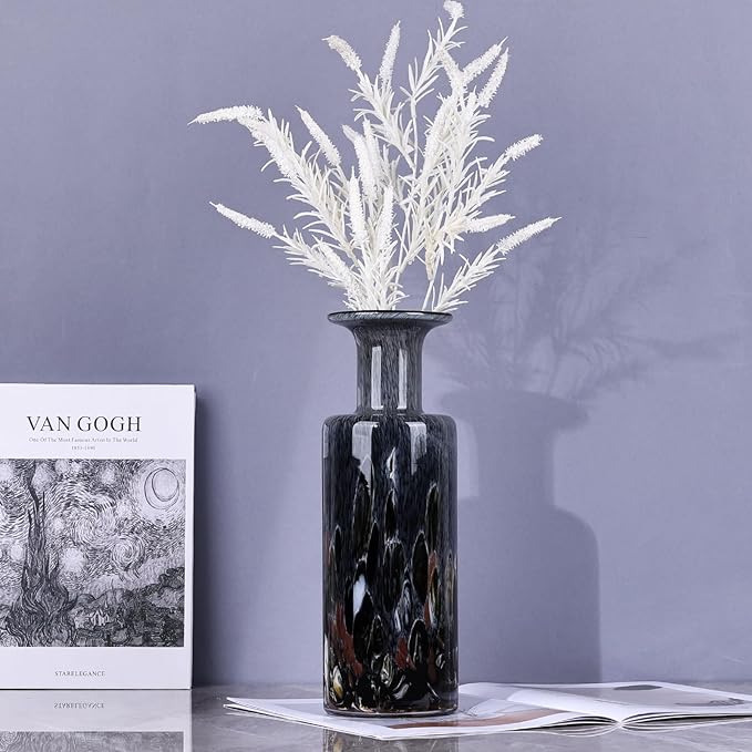 Hand-Blown Glass vase, Modern Art Glass Cylindrical vase, Gray Glass Decorative vase, Ideal for Living Room Dining Table centerpieces, TV Console, Office, or Console Table Accents.