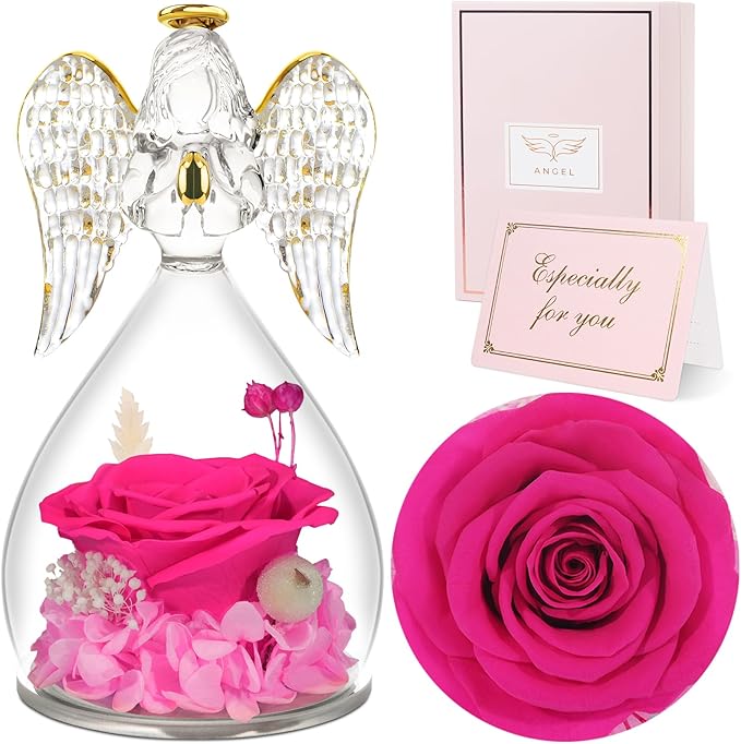 Sunia Preserved Flower Rose Gift for Women - Mother's Day Birthday Gifts for Mom Wife Grandma, Glass Angel Figurines Forever Real Roses Gifts for Her Valentine Day Thanksgiving﻿ (Rose red)