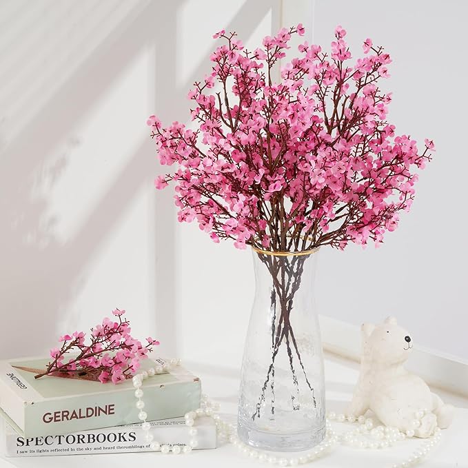 Yastouay Pink Artificial Babys Breath Flowers, 10 Pcs Real Touch Silk Faux Flowers for Decorations, Spring & Summer Floral Arrangement