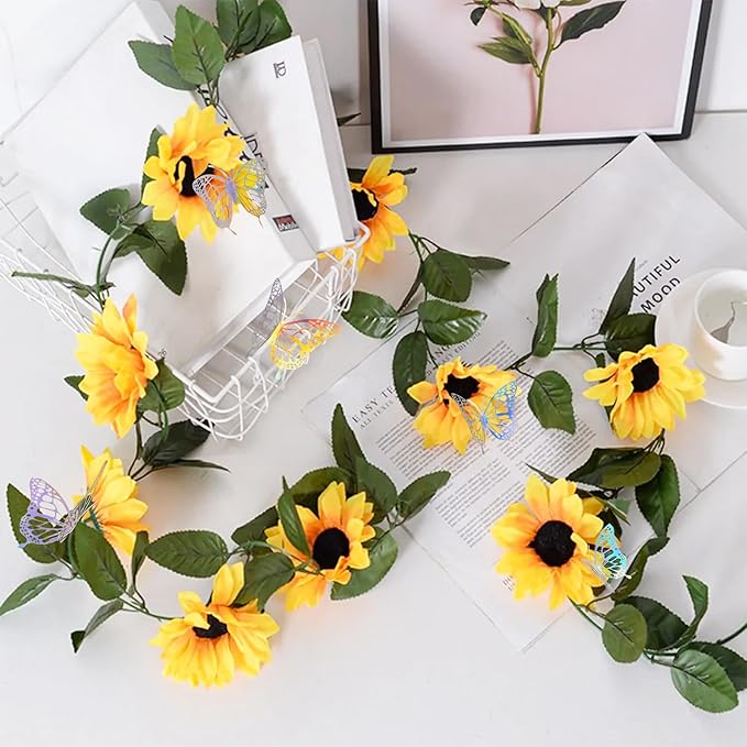 4 Pack Sunflower Garland Fall Girasoles Decorations,7.5ft Silk Artificial Sunflowers Fake Hanging Vines with Green Leaves Garland for Birthday Backdrop Outdoor Wedding Decor