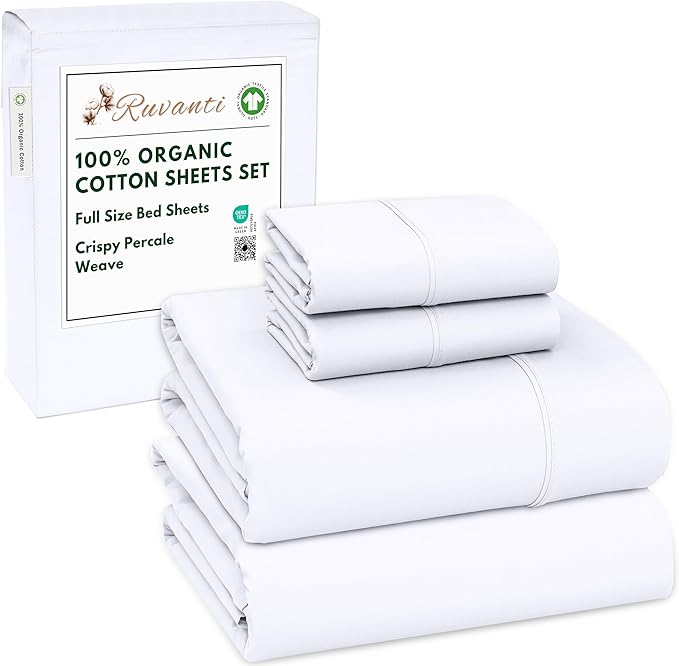 RUVANTI 100% Organic Cotton Sheets Full Size, Percale Weave, GOTS Certified, 4-Piece Set, Deep Pocket 15", Crisp & Breathable, Soft Durable Bedding, Sábanas Algodón Orgánico – Bright White