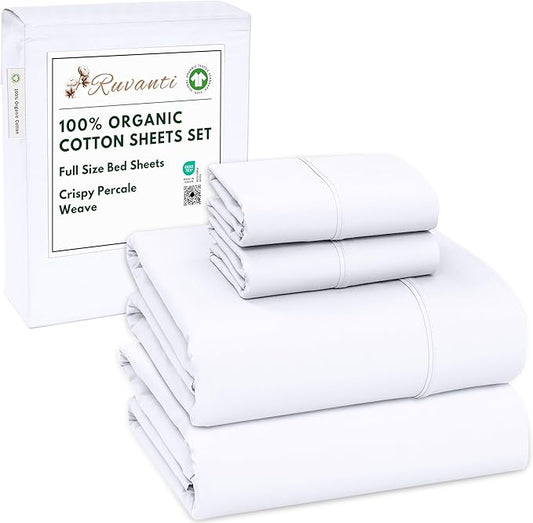 RUVANTI 100% Organic Cotton Sheets Full Size, Percale Weave, GOTS Certified, 4-Piece Set, Deep Pocket 15", Crisp & Breathable, Soft Durable Bedding, Sábanas Algodón Orgánico – Bright White