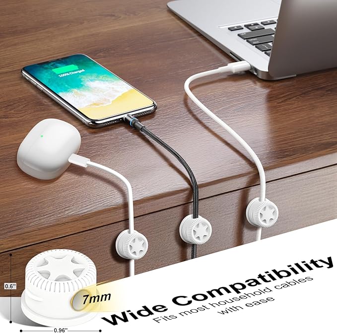 6 Pack Cord Organizer Magnetic Cable Clips, 360° Rotation Cable Clips - Adjustable Cord Holder for Nightstand, Adhesive Cable Management Cord Clips, Cable Holder & Charger Organizer（White