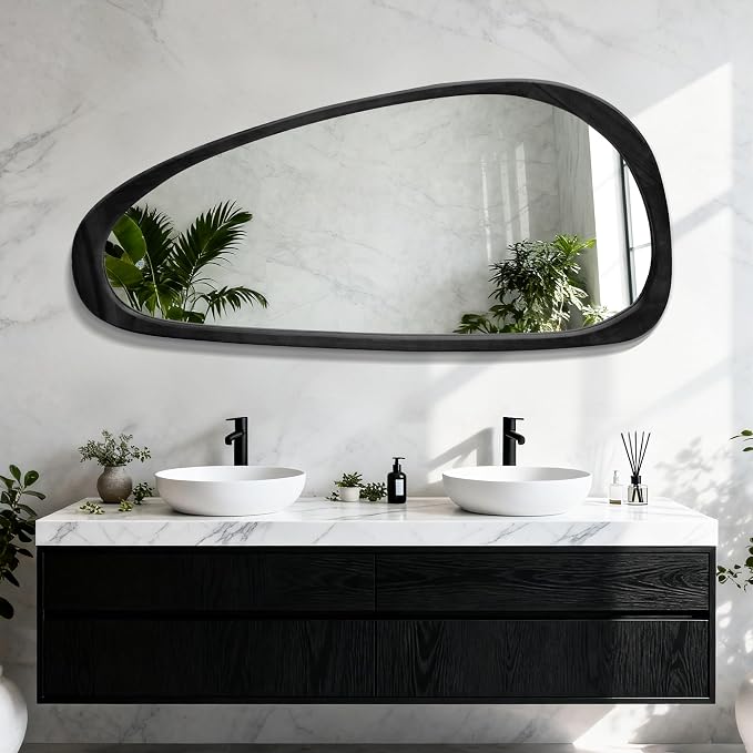 48''x22'' Asymmetrical Mirror with Wood Frame Black, Small Irregular Wall Mirror Odd Shaped, Mid Century Modern Mirror Decor for Bedroom Living Room Entryway Hall