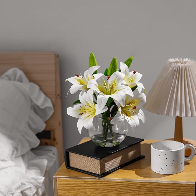 Artificial Flowers Tiger Lily Arrangement in Glass Vase Real Touch Silk Flowers White Lilies with Faux Water for Office Home Table Wedding Decor