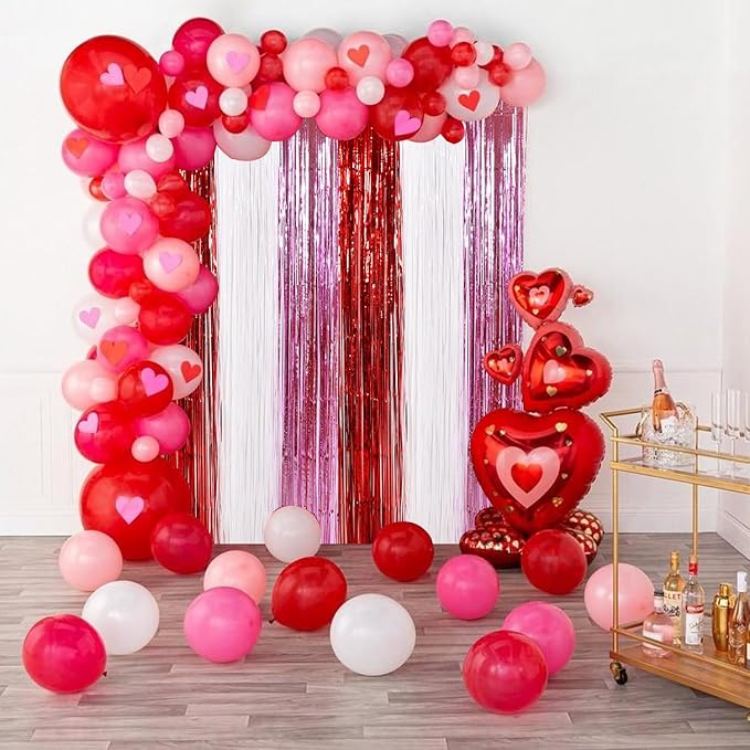 TONIFUL Valentine's Day Door Streamers,Red Pink and White Photo Booth Backdrop Metallic Streamers Foil Fringe Curtain for Birthday Valentine's Day Bridal Shower Engagement Party Decoration