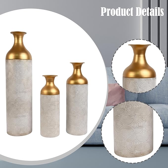 3 Pieces Metal Floor Standing Vase Set Texture 26.7inch 20inch and 16inch Sturdy Accessory Detachable Design Versatile