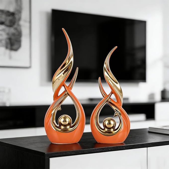 2 PCS Orange Gold Ceramic Statues For Home Decor Accents, Modern Abstract Art Sculptures, Elegant Tabletop Decorative Objects For Dining Room, Entryway, Tv Stand, Mantel, Coffee Table Centerpieces