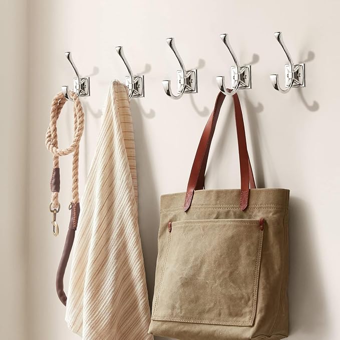 Large Wall Hooks 5 Pack - Polished Nickel Coat Hardware for Hanging Coats - 4.35 Inch Double Robe Hook Wall Mounted With Screws for Key, Towel, Bags, Cup, Hat