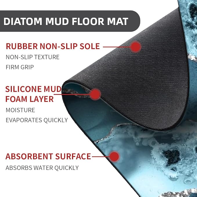 Diatomaceous Earth Bath Mat,Blue and Silver Marble Non-Slip Volume Super Absorbent Fast Drying for Bathroom Kitchen Door mat,Eco-Friendly Easy to Clean 20×31Inch(50 * 80cm)