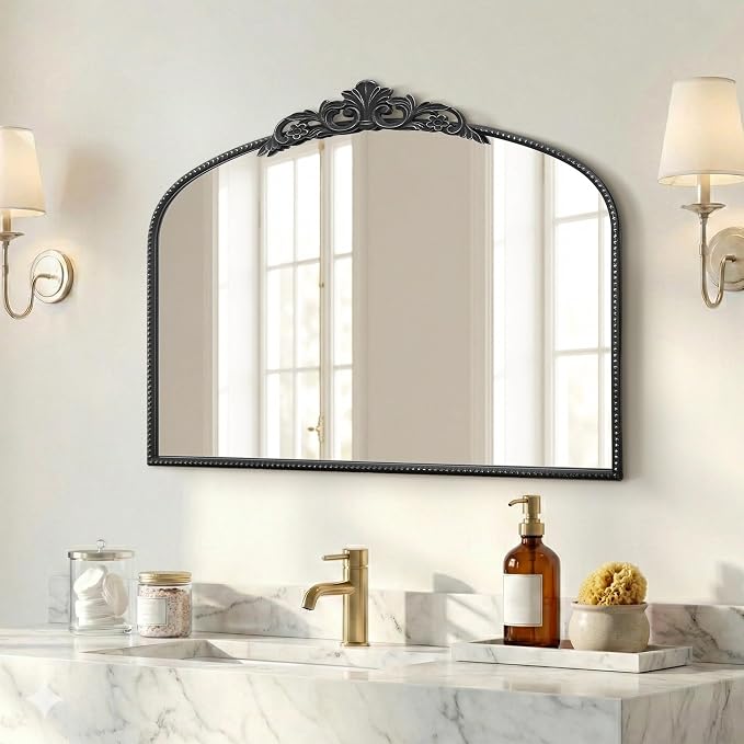 Micasso Vintage Black Arched Mirror: 36"x29" French Baroque Antique Wall Mounted Mirror - Traditional Ornate Decorative for Wall/Fireplace/Entryway/Bathroom/Hallway - Home Decor for Living Room