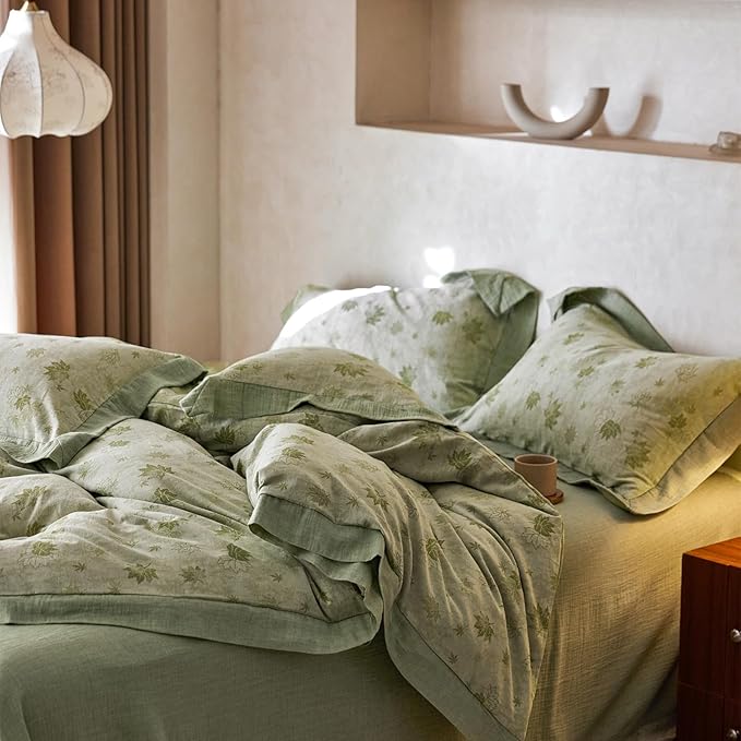 mixinni Yarn-Dyed Jacquard Duvet Cover Queen, Green Botanical Leaf Print 3-Piece Bedding Set with Wide Edge Piping, Soft Breathable Double Layer Gauze for All Seasons (1 Duvet Cover + 2 Pillowcases)