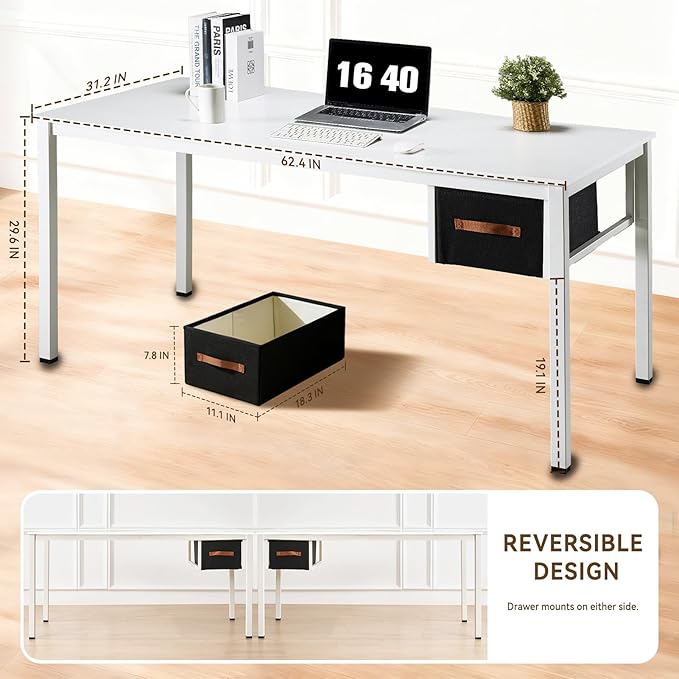 White Computer Desk with Drawer, 63 Inch Large Home Office Work Desks, Modern Writing Study PC Desk Gaming Table for Bedroom Home, Stable Thick Metal Legs Frame Support
