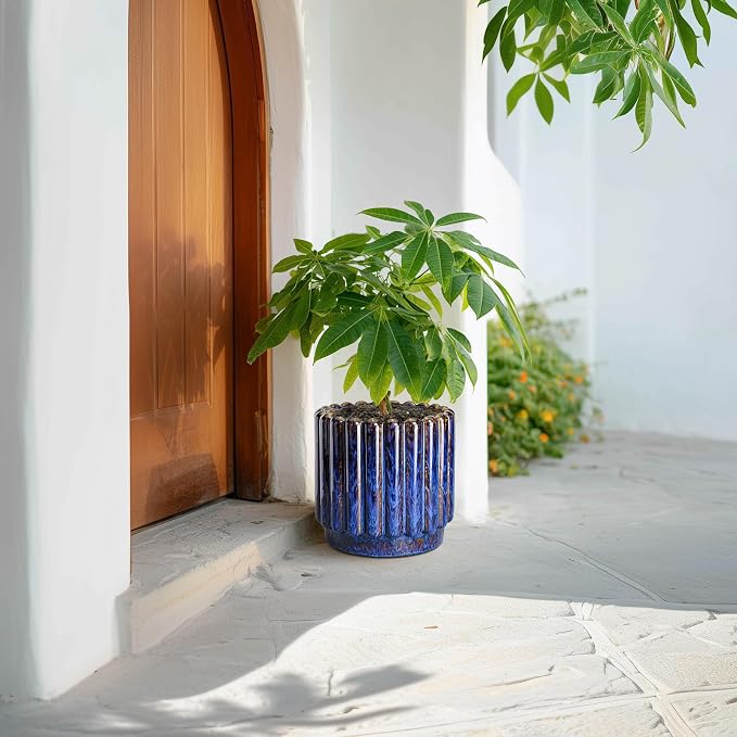 Ceramicfor Ceramic Planter, 9.6 Inch, Blue | Round Flower Pot, Drainage Hole, Large Fluted Modern Design, Indoor Outdoor Use
