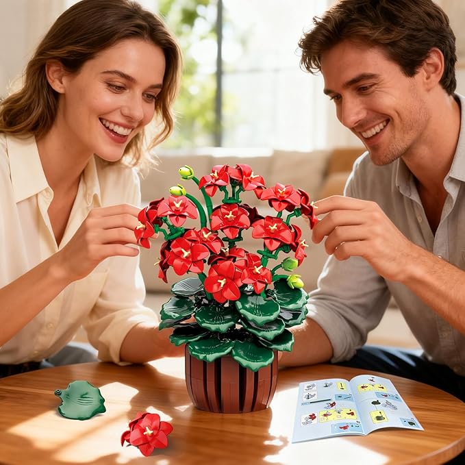 Flowers Geranium Botanicals Building Set - Artificial Bonsai Plants for Home Office Decor Display, 548PCS Geranium Flowers Pot Building Blocks for Adults Women Ages 12+ Gift for Christmas