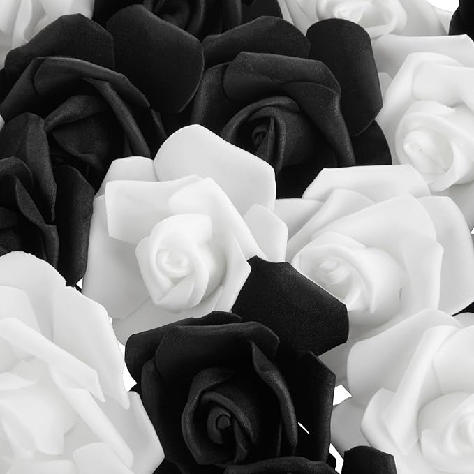 Bright Creations Black & White Roses Stemless Foam Rose Heads - 100 Pack, 3 in Polyethylene Craft Foam - Faux Flowers for DIY Arrangements & Wedding Flowers
