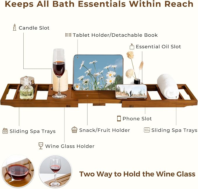 Teak Bathtub Tray, Luxury Bath Table Tray with Wine Glass and Phone Holders & Book Stand, Foldable Wooden Bathtub Caddy for Home Spa Relaxation, Bath Gift for Women（Natural Teak）