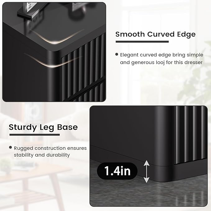Black Dresser for Bedroom with 6 Double Drawers, 48" Wide Wooden Chest of Drawers with Curved Profile, Modern Fluted Dresser TV Stand, Wood Closet Clothes Storage Organizer for Living Room