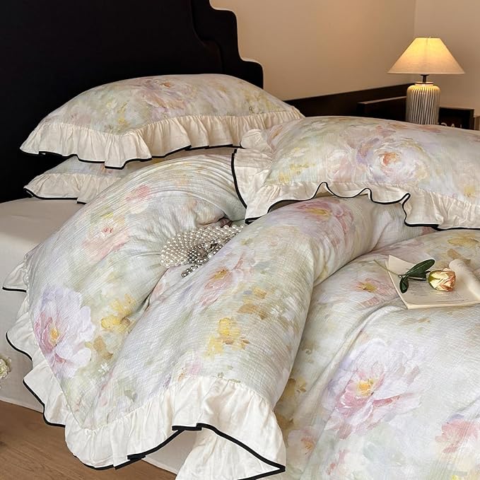 VM VOUGEMARKET Chic Floral Duvet Cover Full with Romantic Ruffles 100% Organic Cotton,Soft Textured Gauze Weave Comforter Cover with Zip Closure and Corner Ties- 80"x90"