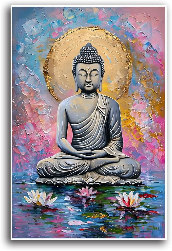 Lotus and golden Buddha meditation tranquil zen wall art mindfulness wall art for spiritual harmony and tranquility decor 8x12in Frameless