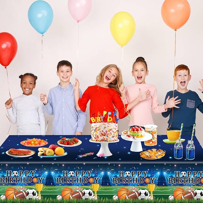 4 Pack Sports Tablecloths, 54 x 108 Inch, Multicolor, Rectangular, Plastic, Sports Party, Spill Resistant, Wipe Clean