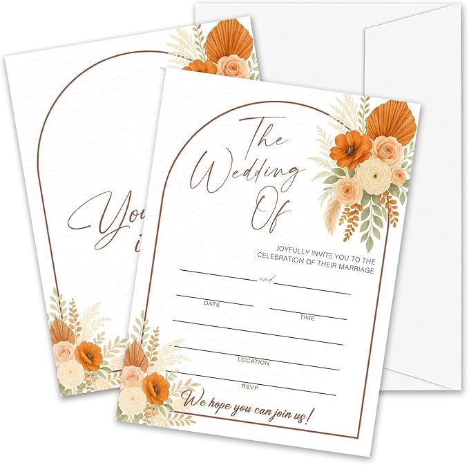 Boho Pampas Grass Wedding Invitations, 5"x 7" Floral Arch Wedding Invites Cards With Envelopes, 25 PCS for Party Decorations and Supplies - A01