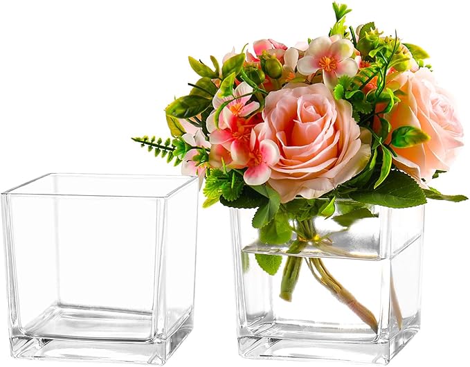 Square Clear Glass Vases Set of 2, 6" x 6" x 6" Square Vase for Centerpieces, Flower Vases for Centerpieces, Small Vase for Wedding, Party, Home Office Decoration
