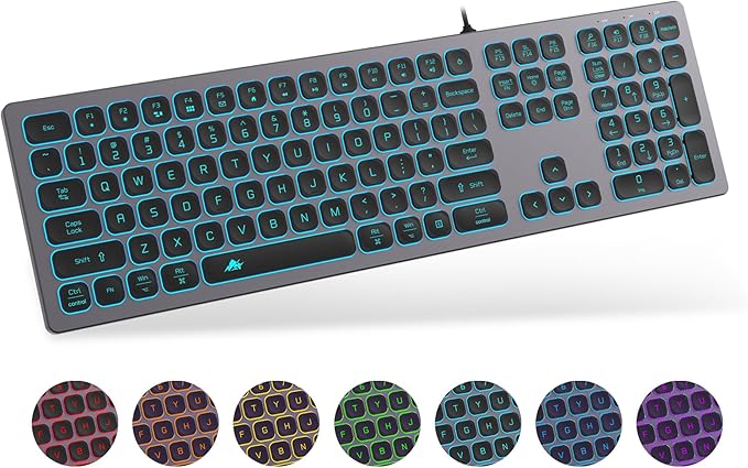 Aluminum Quiet Wired Keyboard Backlit- Slim Chiclet Keyboard Compatible with Apple iMac, MacBook, Mac and PC, USB Numeric Keypad RGB Lighted Key - Space Gray