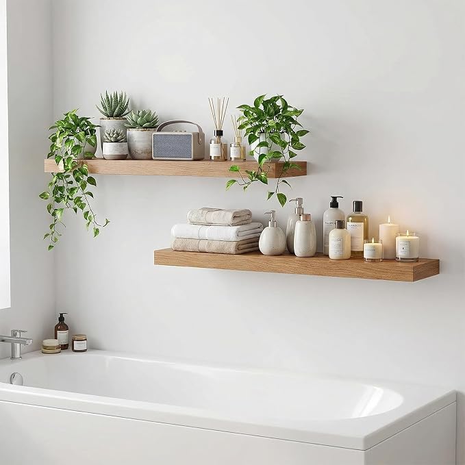 31.5in Floating Shelves for Wall, Wall Mounted Shelves for Decor Storage Set of 2, Floating Shelf for Bedroom, Bathroom, Living Room and Kitchen（Beech）