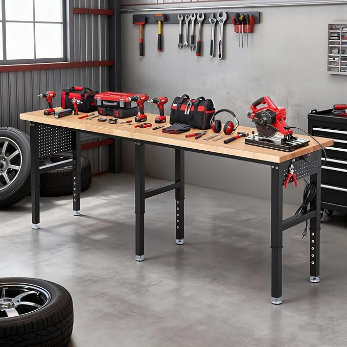 Workbench 96 x 24 Inch Adjustable Height Heavy Duty Work Table with Power Outlets & Extended Pegboard 5000 Lbs Load Capacity Rubber Wood Top Workstation for Garage, Workshop, Home, Office