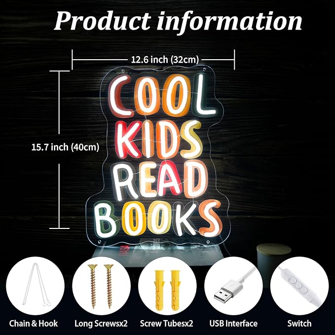 Cool Kids Read Books UV Neon Sign, Handmade Light Up USB 3D Wall Art Wall Decor Sign Light for Book Club Classroom Read Corner Kid's Reading Study Room Home Library Librarian Bookworm Gift-15.7"x12.6"