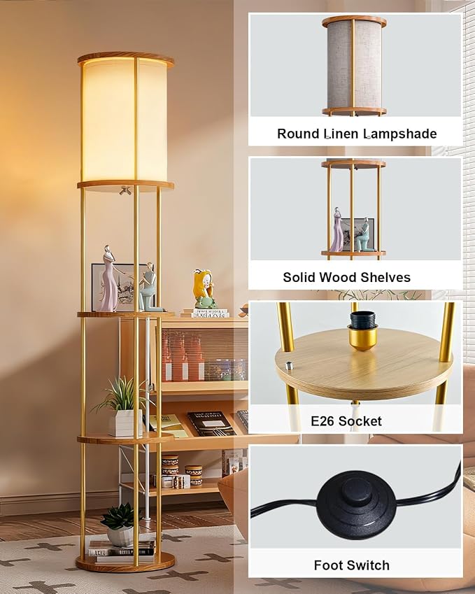 Lightdot 61" Floor Lamp with Shelves, Modern Gold Floor Lamp with Fabric Shade and 3- Tier Solid Wood Table Attached, Corner Bookshelf Lamps with 3000K Bulb Included for Sofa Beside/Corner Decor