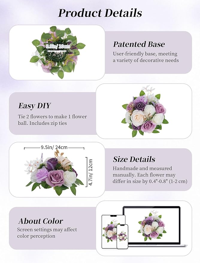 BLOSMON Artificial Flowers Ball Wedding Centerpieces 10 Pcs Lilac Rose Artificial Flower Center Pieces Decoration for Table Silk Kissing Ball Faux Floral Bouquet Arrangements for Home Party DIY Decor