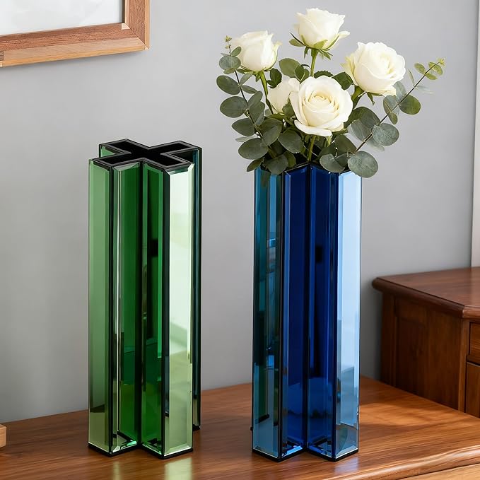 SHYFOY Green Mirrored Vase - 12 Inch Tall Cross-Shaped Decorative Glass Flower Vases for Home Decor, Living Room Table Kitchen Fireplace Decor - Can’t Hold Water
