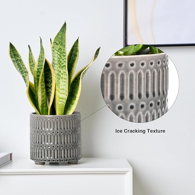 STHIE 5 Inch Ceramic Planters for Indoor Plants, Gray Cactus Snake Plant Pots with Drainage, Unique Design Round Flower Pot for Home Decoration