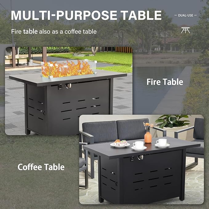 Propane Fire Pit 43 Inch Outdoor Fire Pit 50000 BTU Rectangle Gas Fire Table with Steel Lid, Blue Crystal Beads, Glass Wind Guard and Waterproof Cover for Outside Patio and Garden