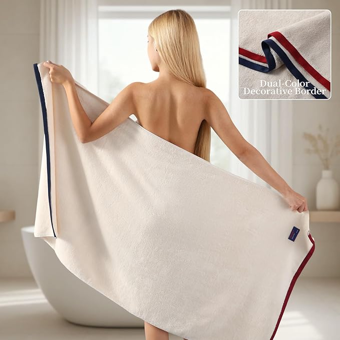 REDKISS 2 Pack Cotton Bath Towels, Soft Absorbent 600 GSM, 27x54 Inch | Quick Dry | Reinforced Stitching | Modern Contrast Border Design | Machine Washable | Bathroom, Gym|Spa & Guest Use | Beige