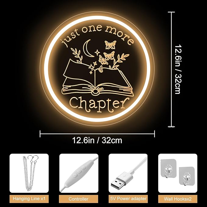 Just One More Chapter Neon Sign, Neon Sign Gifts for Readers Women Men Friends, Neon Light Ornament for Book Lover Bookish Bookworm, Bookshelf Wall Decor Aesthetic, read more books neon sign-12.6IN