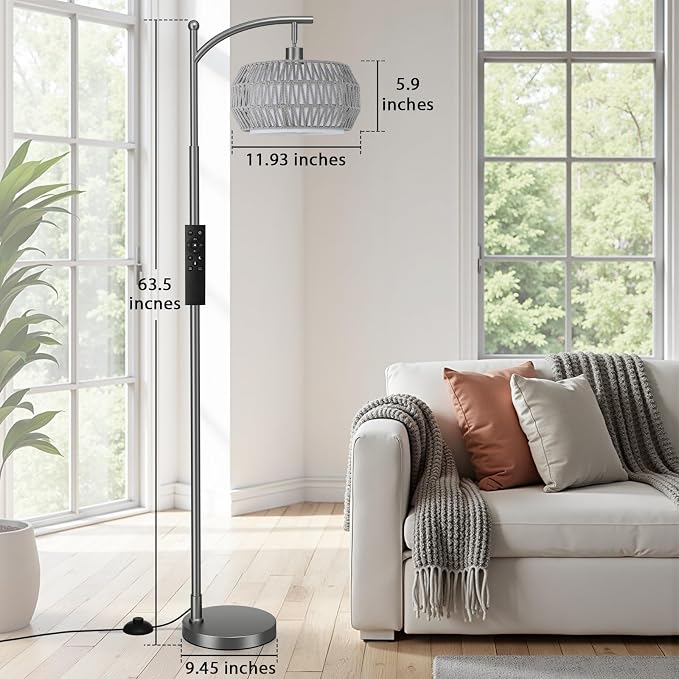 Ambimall Arc Floor Lamp for Living Room with Remote, Color Temperature & Brightness Adjustable, Bohemia Standing Lamp with Rattan & Fabric Double Drum Shades, Bulb Included(Deep Gray)