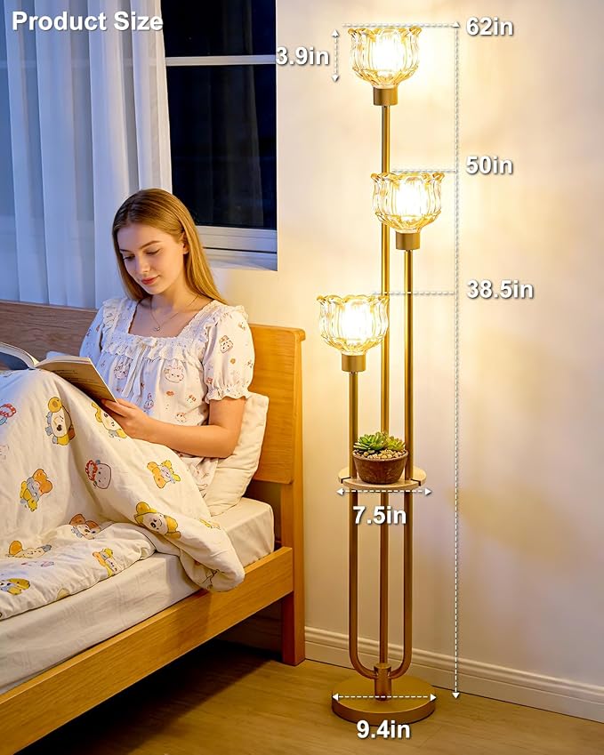 Lightdot Glass Floor Lamp for Living Room 3-Lights Modern Gold Floor Lamp with Amber Glass Shade 3000K Bulbs Included Unique Tall Standing Lamp with 5Lb Heavy Base for Bedroom/Sofa Beside/Corner Decor