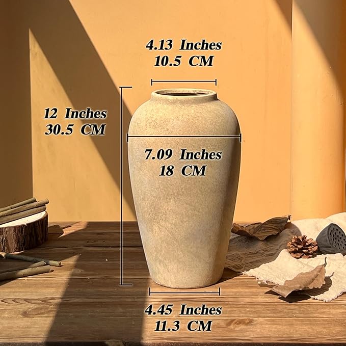 12 Inch Farmhouse Decor Ceramic Rustic Vase,Beige Handmade Flower Vases for Centerpieces,Pottery Vase for Living Room,Kitchen & Bedroom Decor,Vintage Ceramic Vases for Wedding