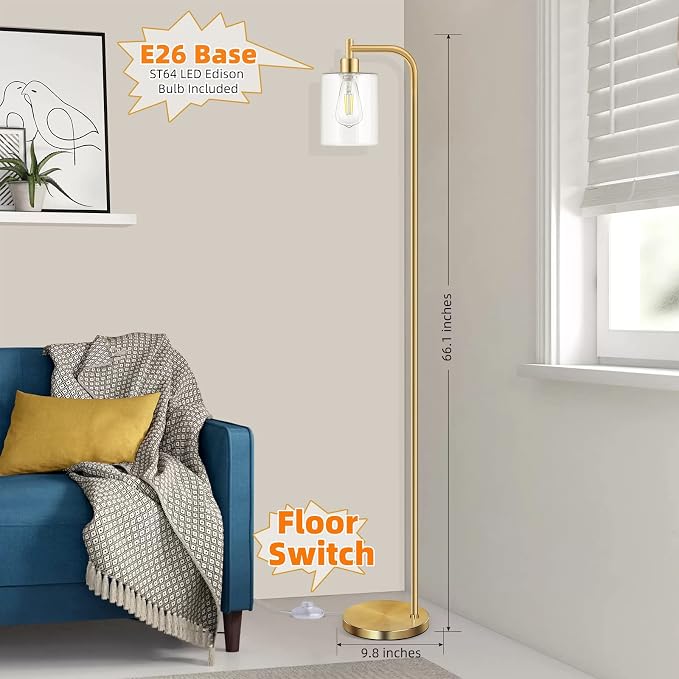 Industrial Floor Lamp with Hanging Glass Shade Brass Gold Farmhouse Indoor Pole Light with Edison E26 Base Vintage Rustic Standing Tall Lighting for Living Room Bedroom Office( ST64 Bulb Included)