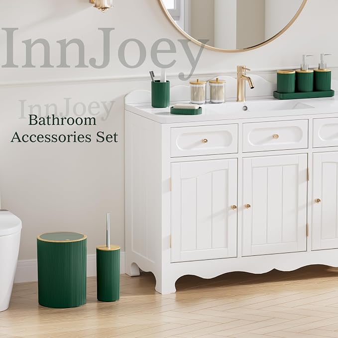10PC Bathroom Accessories Set - Dark Green and Wooden Bathroom Sets, Bathroom Accessory Set with Pop Up Trash Can, Toilet Brush, Trash Can, Qtip Holder & Soap Dispenser