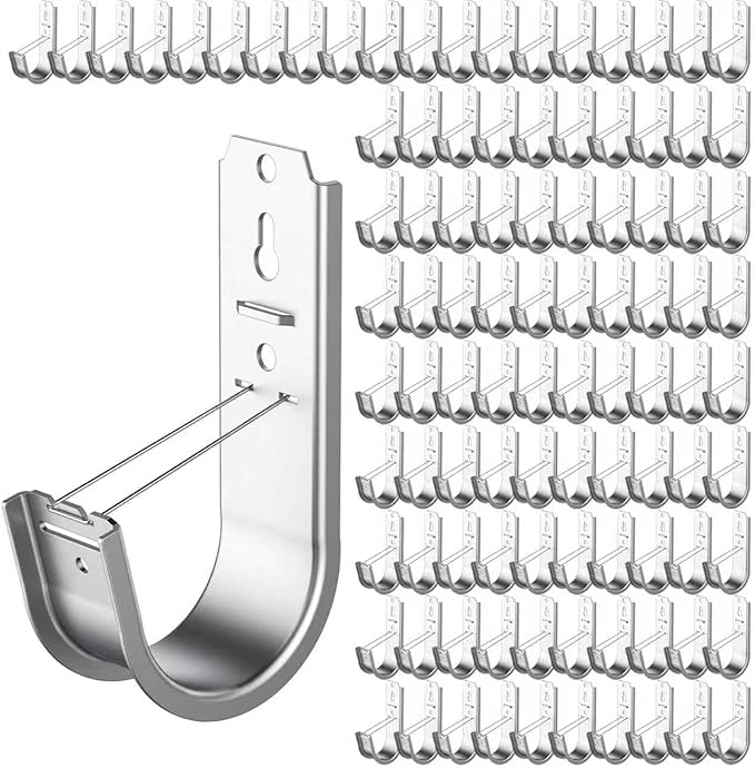IRENPORU 100 Pack 2 Inch Cable Support J Hook Wall Mount J Hook with Retainer Clip, Galvanized Steel for Cable Management & Organization Solution