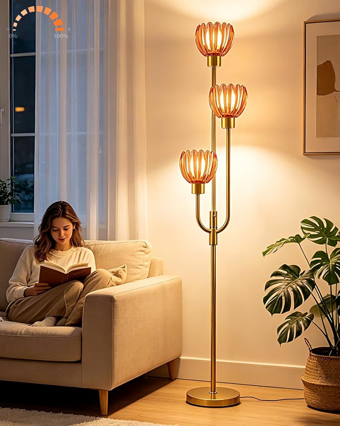Lightdot 3-Lights Modern Glass Floor Lamp Gold Dimmable Floor Lamps with 3000K Warm White Bulbs for Wedding Party 66IN Tall Standing Lamp with Deep Red Glass Shade for Living Room/Bedroom/Home Decor