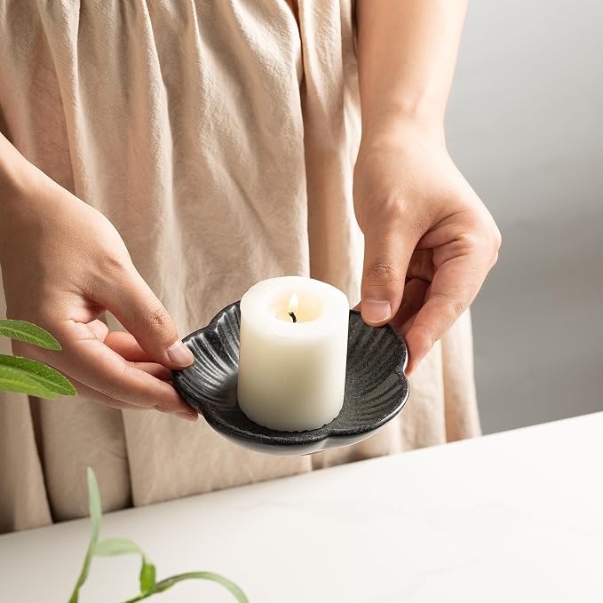 BEUNAIZER Ceramic Pillar Candle Holder Plates, Decorative Candlestick Holder, Tea Light Incense Santo Palo Holders, for Dinning, Party, Wedding, Birthday, Anniversary Decorations, 1pack (Black)