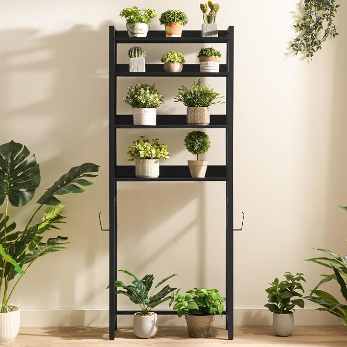 MAHANCRIS Over The Toilet Storage Rack, 4 Tier Bathroom Organizer Over Toilet, Freestanding Space Saver Toilet Stand with 2 Hooks, Bathroom Storage Shelf, Easy to Assemble, Black TSHB0401