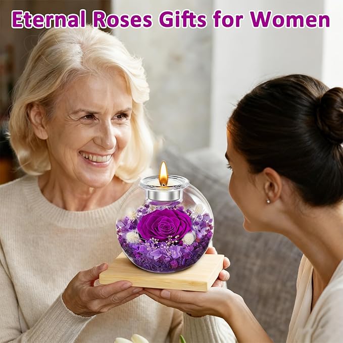 DEEMEI Gifts for Women Christmas Birthday Gifts for Women Preserved Real Rose in Glass Dome with Scented Fresh Flowers for Delivery Prime Eternal for Her Mom Grandma Wife Girlfriend Sister, Purple