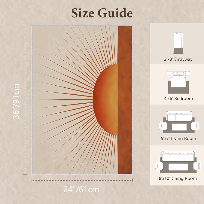 Sunburst Area Rug 2x3, Retro Sun Design Rug, Mid Century Modern Carpet for Living Room Bedroom, Soft Non Slip Washable Area Rug