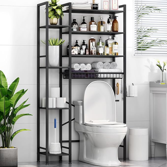 Kalrin 8-Tier Over The Toilet Storage with Side Rack, Over Toilet Storage Rack with Adjustable Shelf & Drain Basket, Freestanding Bathroom Organizer for Balcony, Laundry (Pure Black)